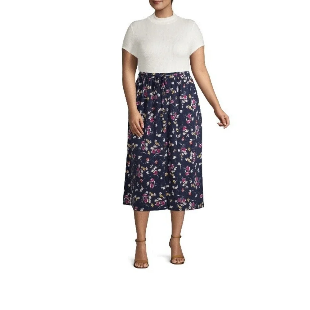 New‎ Terra Sky Women Button Front Maxi Skirt Floral Print Blue Plus 2X (20W-22W)